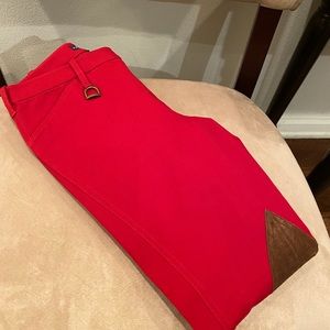 Red Jeans with Brown Corduroy Patches